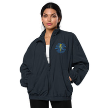Load image into Gallery viewer, Recycled Tracksuit Jacket - ESP Globe Collection Blue &amp; Gold on Black or Navy
