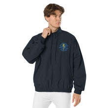 Load image into Gallery viewer, Recycled Tracksuit Jacket - ESP Globe Collection Blue &amp; Gold on Black or Navy
