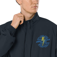 Load image into Gallery viewer, Recycled Tracksuit Jacket - ESP Globe Collection Blue &amp; Gold on Black or Navy
